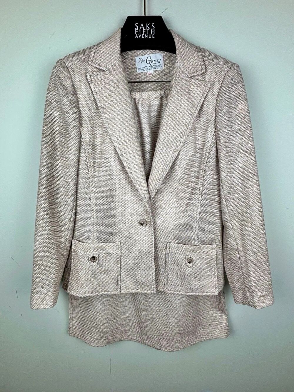 Beige 70s Textured 2 Piece 1 Button Blazer Jacket Midi Skirt Suit Size 8
